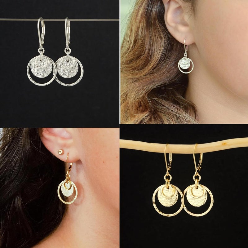 Lancharmed Sterling Silver Disc Leverback Earrings for Women Gold and Silver Circle Drop Dangle Earrings Jewelry Hypoallergenic Hammered Leverback Dangle Earrings for Gifts - Image 2